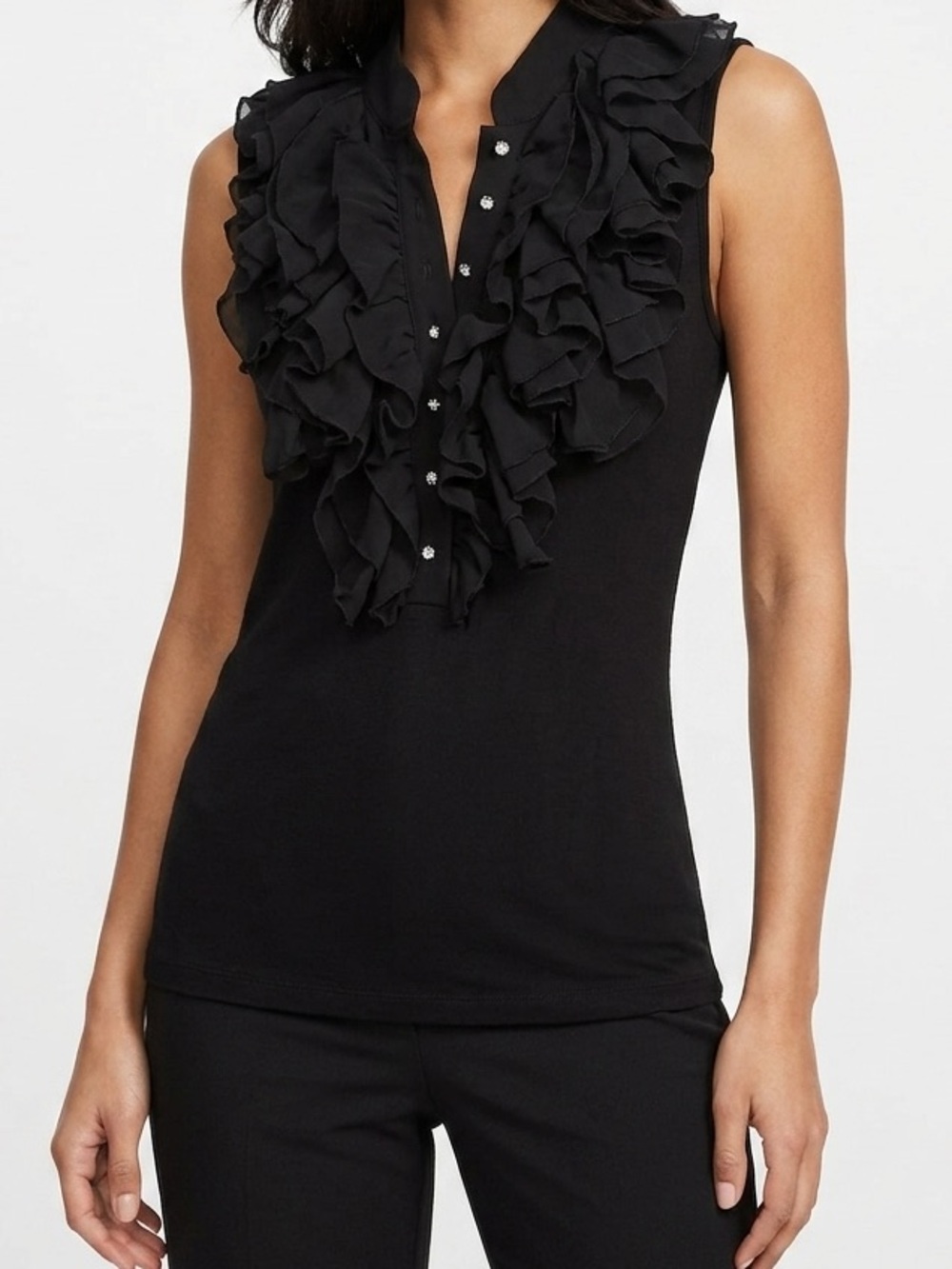 Sleeveless Ruffle Front Black Top With Rhinestone Buttons Size Petite